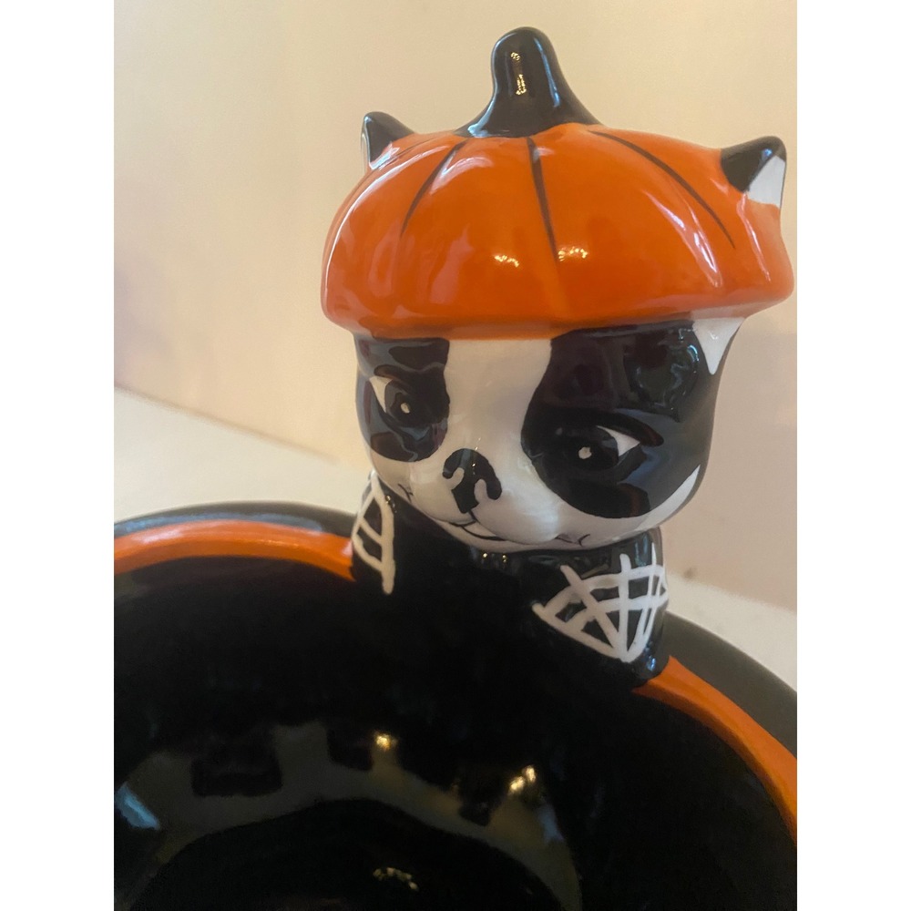 Jack O'Lantern Lane Halloween Boston Terrier Puppy Pumpkin Ceramic Candy Bowl - Picture 4 of 6